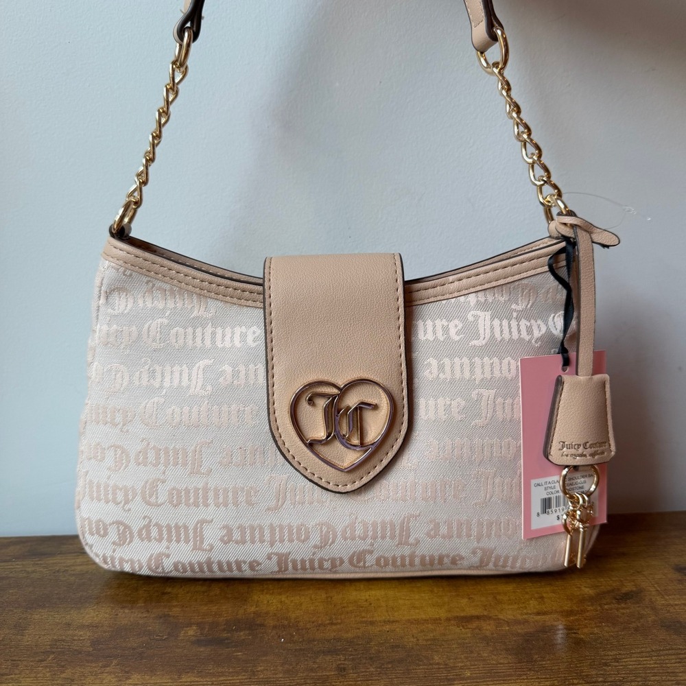 New Juicy Couture Call It Classic Beige Shoulder Handbag Gold Key Charm Cute